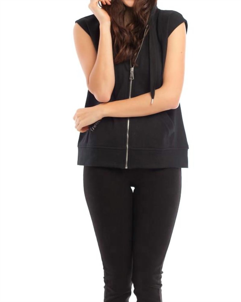 Front of a model wearing a size XL Hooded Vest in Black in Black by french kyss. | dia_product_style_image_id:326101